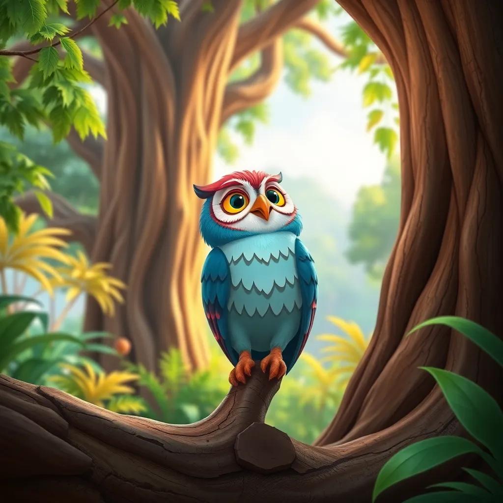 A colorful owl, sitting on a tree trunk, looking happily towards a large oak tree, in a vibrant jungle setting, bright and cheerful atmosphere, digital art, detailed, cartoon-like