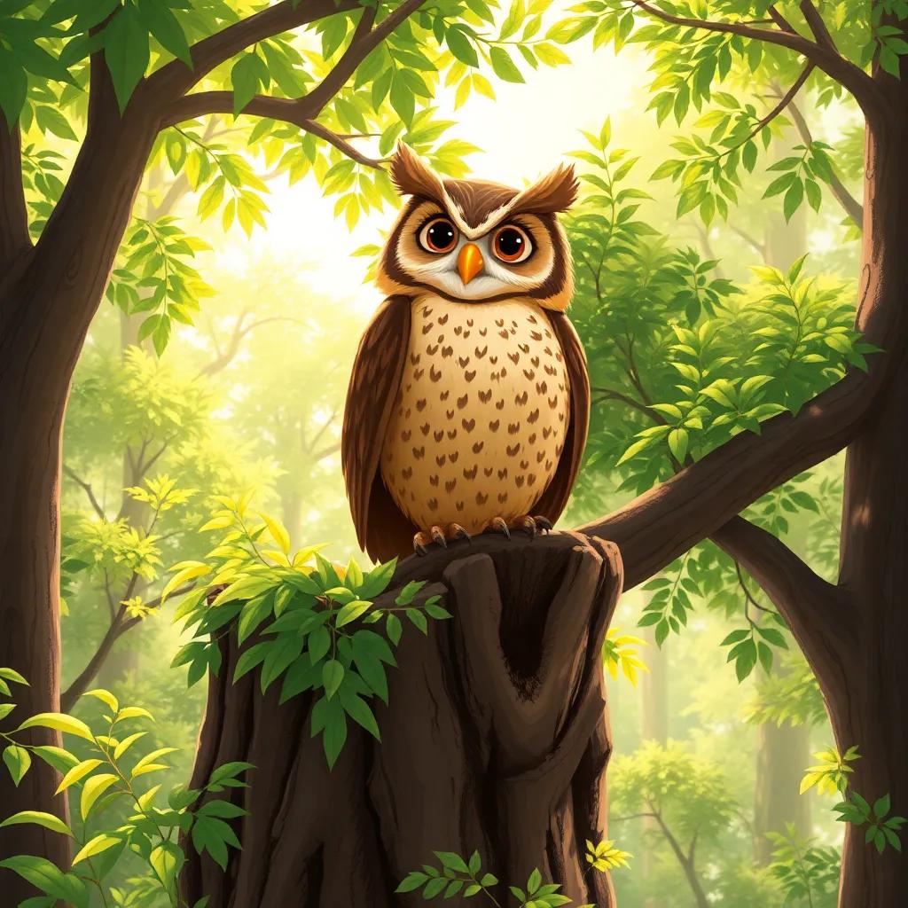 A wise owl perched atop a tree trunk with lush green foliage surrounding it, in a bright and sunny forest, warm colors, inviting environment, illustration