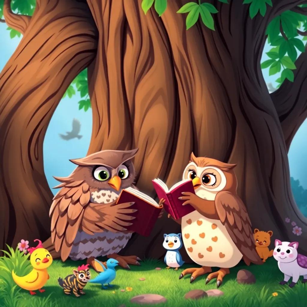 The wise owl sharing stories with a young owl at the base of a great tree, colorful animals around, with a sense of joy and friendship, cheerful colors, heartwarming scene