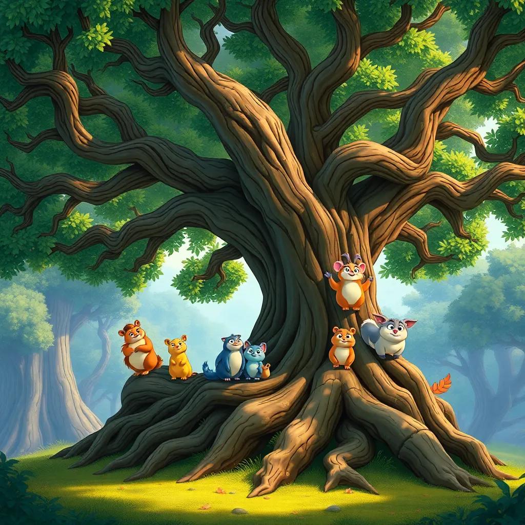 An old oak tree with gnarled roots, home to various forest creatures, animated style, bright colors, representing friendship and community