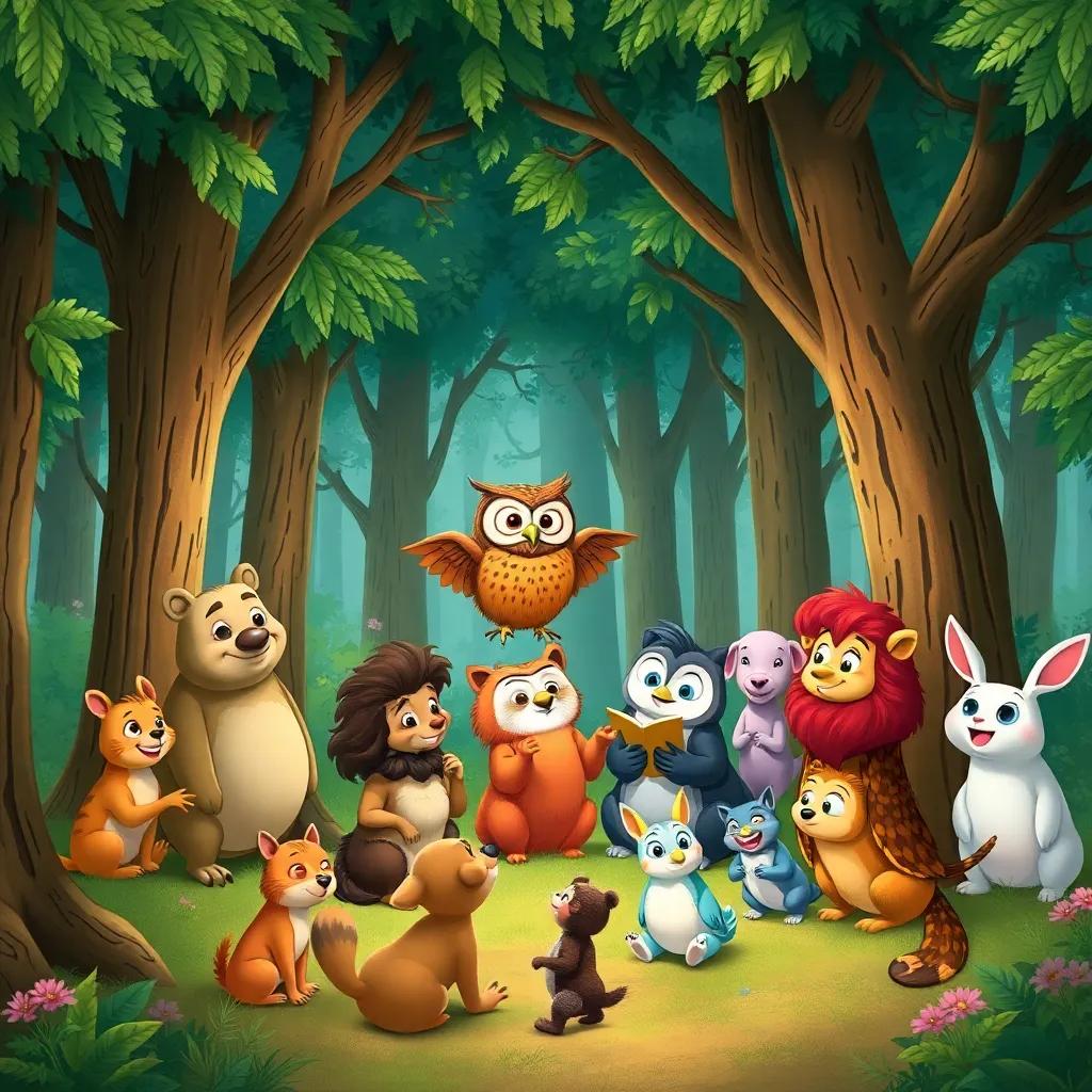 A delightful forest scene showcasing the trees and various friendly animals listening to the owl's stories, joyful expressions, magical atmosphere