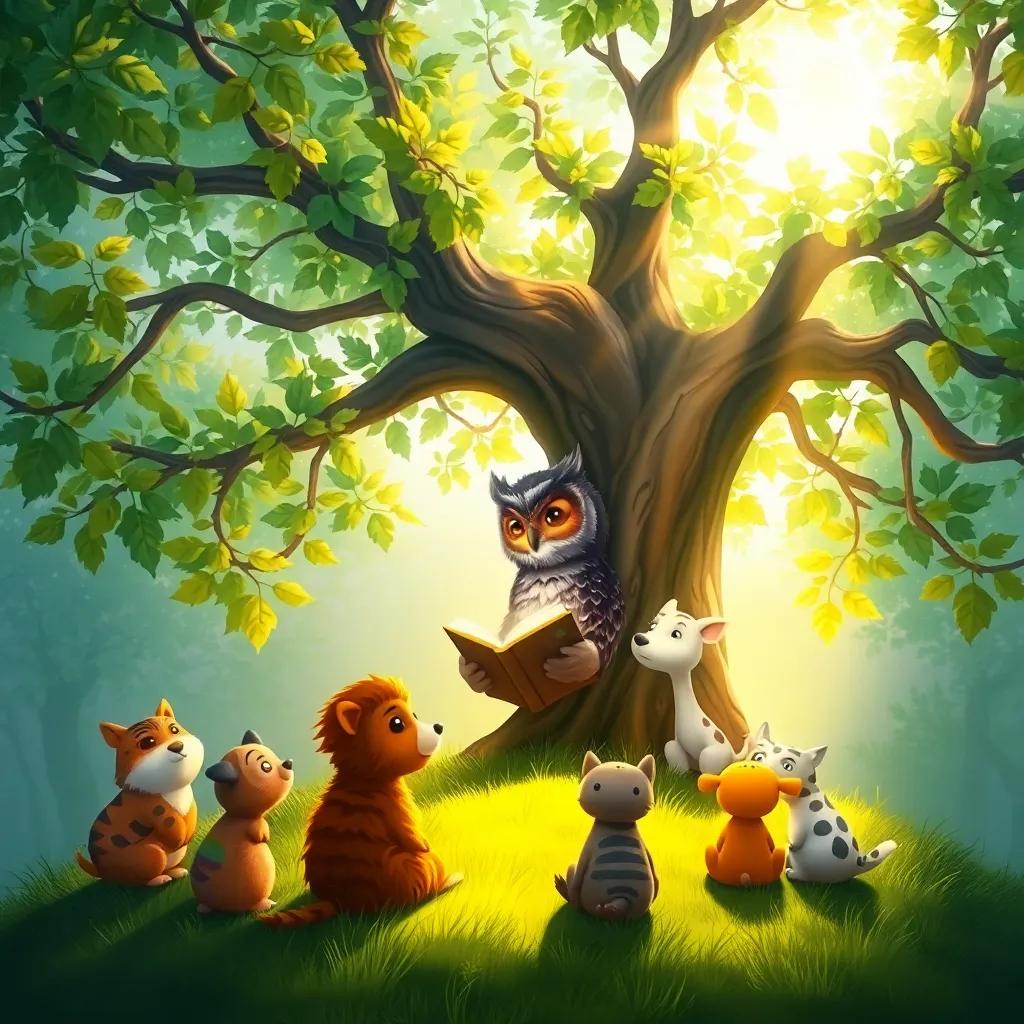 An enchanted tree with soft sunlight filtering through the leaves, highlighting the owl telling stories to eager animal friends, vibrant colors, cozy feel