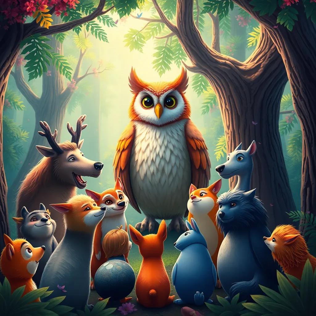 An exciting depiction of forest animals gathering around the wise owl, vibrant colors, depicting friendship and unity, whimsical art