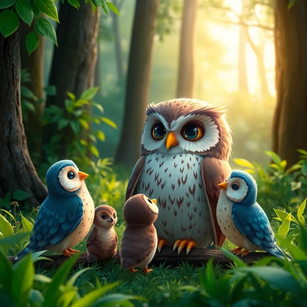The owl interacting warmly with its friends in the forest, lush greenery around, depicting a safe and inviting sanctuary, heartwarming
