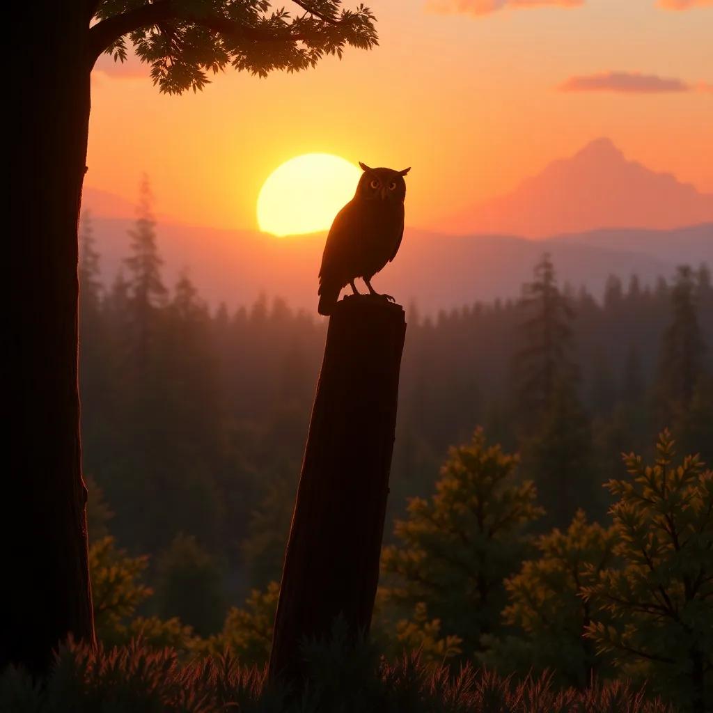 A magical sunset over the forest, with a silhouette of the owl standing on the tree trunk, peaceful and beautiful backdrop, serene