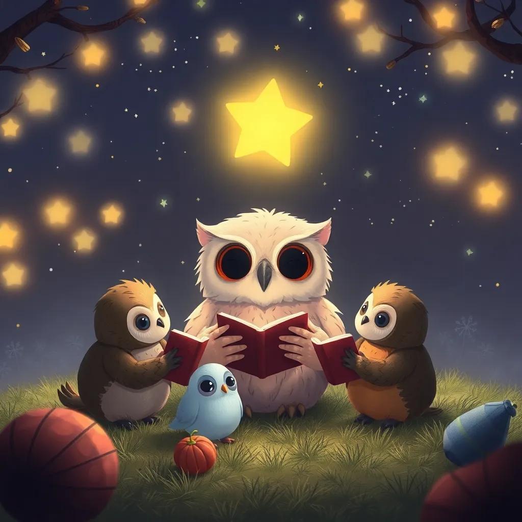 A whimsical scene depicting the owl and its friends sharing stories under the starlit sky, cozy atmosphere, inviting and magical vibe
