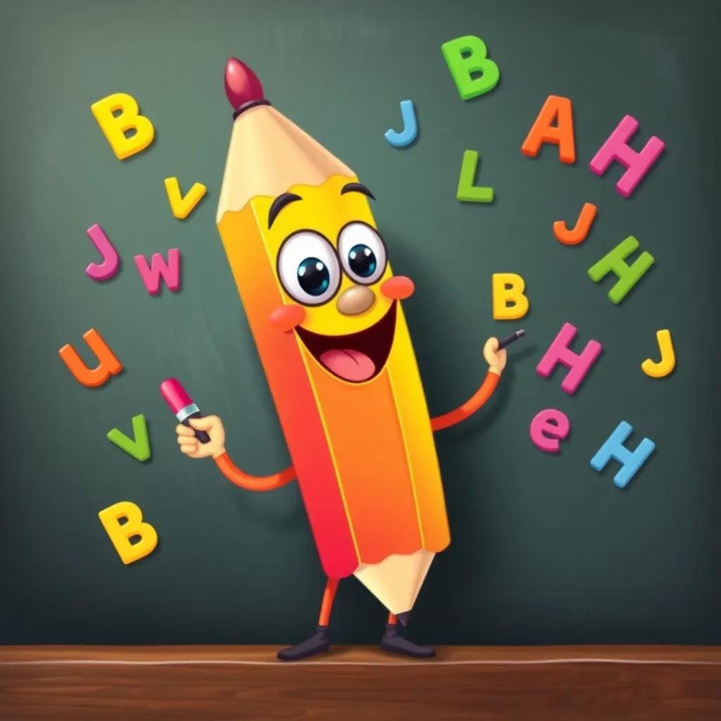 A cheerful cartoon character, Bubaiah, a bright colored pencil, with a big smile, writing on a chalkboard, surrounded by colorful letters flying around, joyful scene, digital art, bright and vibrant colors, playful atmosphere, high quality