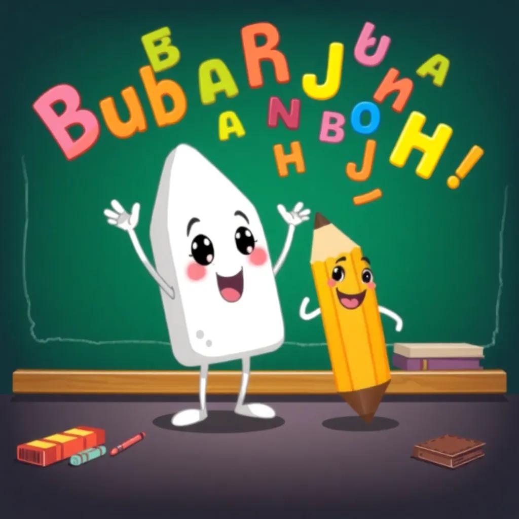 A lively cartoon character, Bubaiah, the eraser, with cute eyes, cheering next to Bubaiah the pencil on a chalkboard, many colorful letters dancing in the air, fun and engaging, bright colors, whimsical style, high quality