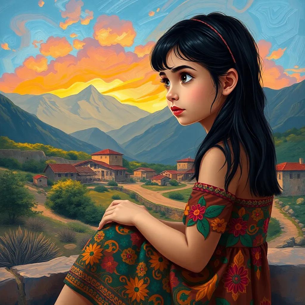 A young Lebanese girl, Leila, with long, dark hair and a colorful dress, sitting in a cozy Lebanese village surrounded by mountains, listening to her parents arguing, detailed digital art, warm colors, lively atmosphere, high quality