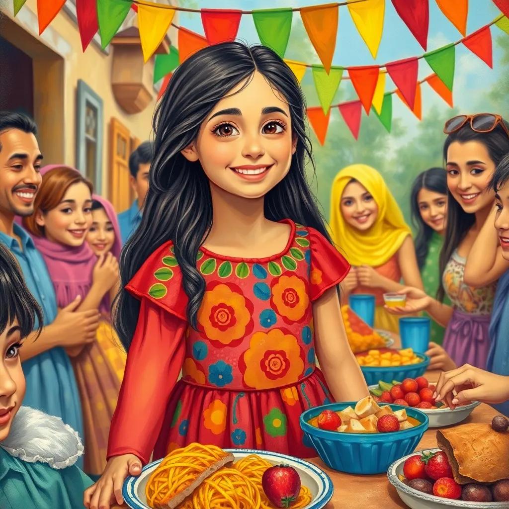Leila, a young Lebanese girl with long, dark hair and a colorful dress, joyfully organizing a big party with her neighbors, colorful banners and delicious food all around, cheerful, child-friendly, vibrant setting, heartwarming