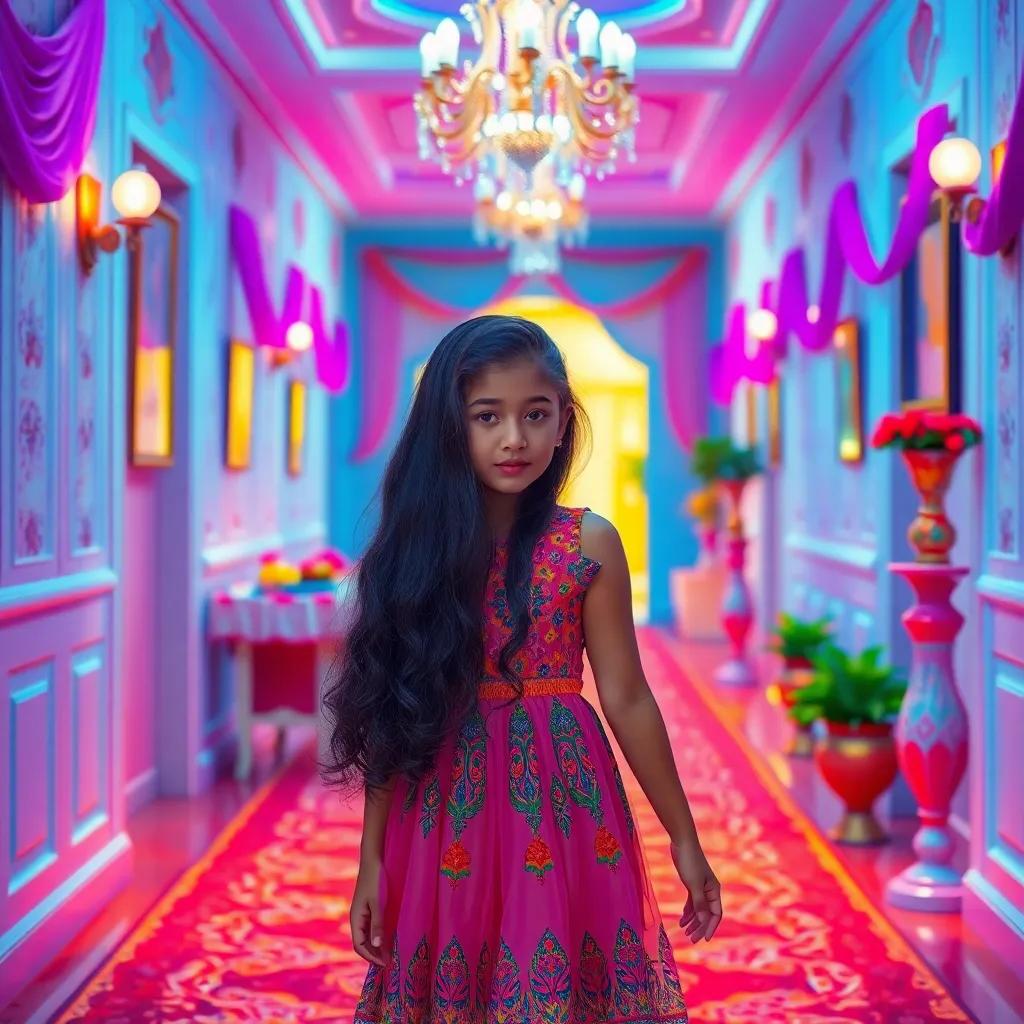 A young Arab girl, ألماسة, with long, dark hair wearing a colorful dress, walking in a beautiful home hallway decorated for a wedding, a vibrant atmosphere, digital art, warm light, cheerful colors, high quality