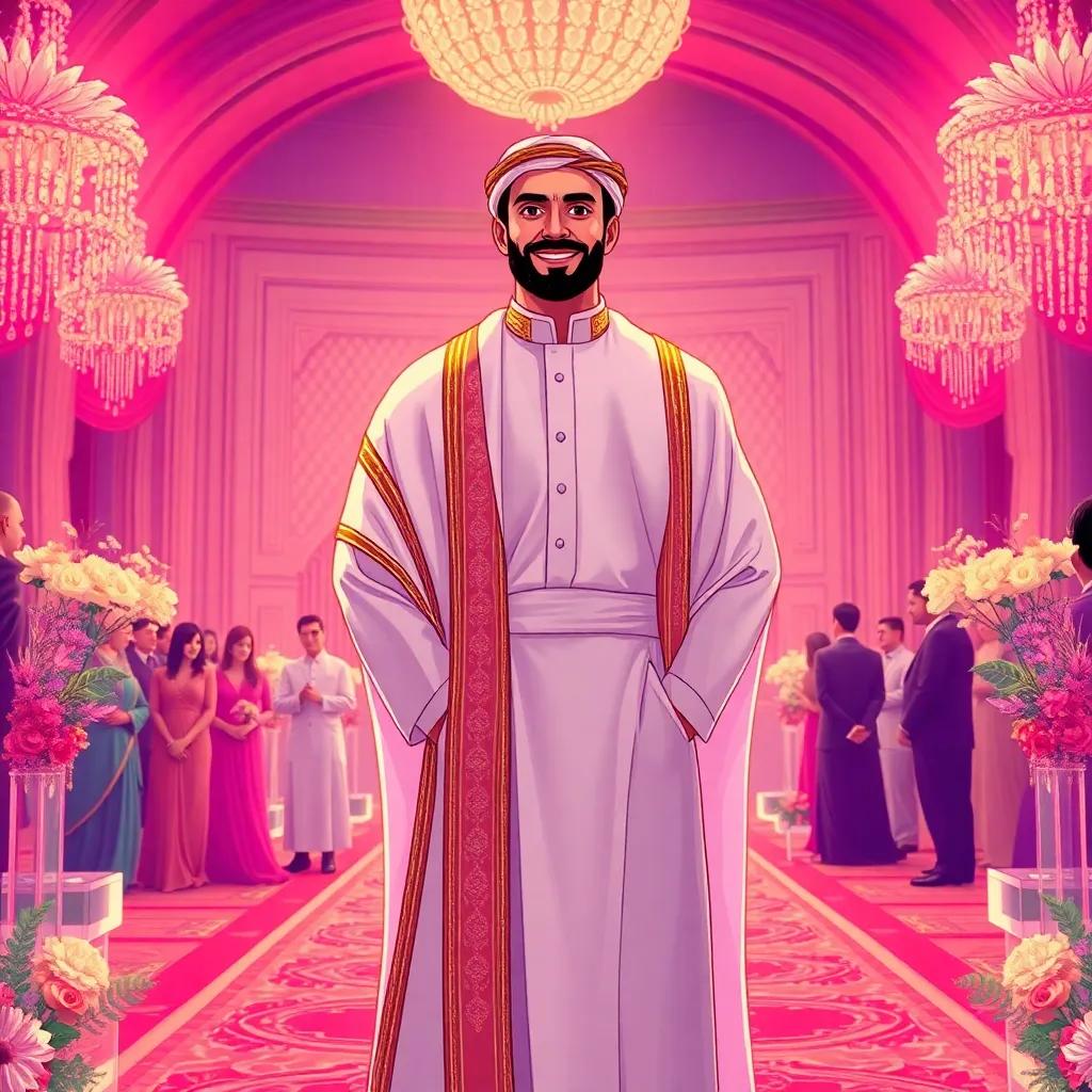 A tall Arab man, زوهير, standing in a wedding hall with warm smiles, dressed in elegant traditional clothing, surrounded by flowers and celebration, cheerful, highly detailed, joyful atmosphere, artistic illustration