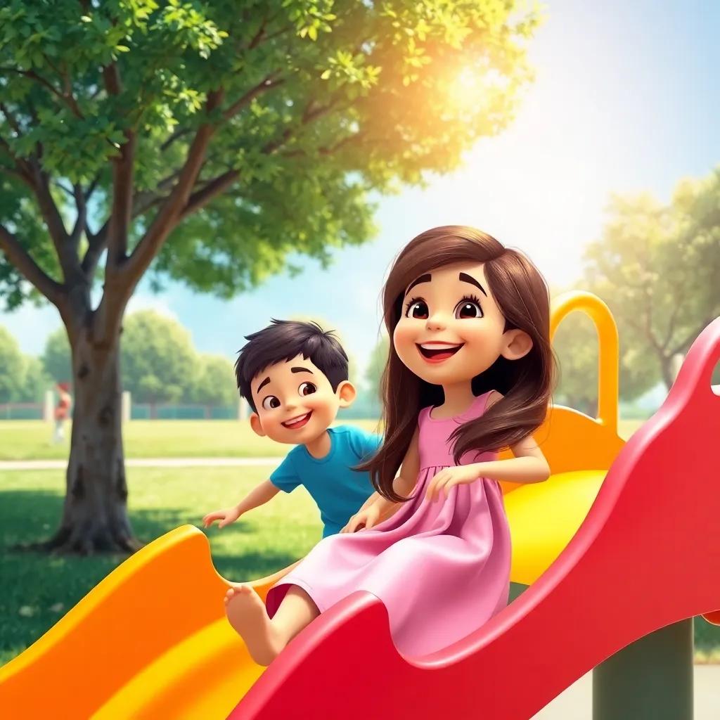 A sunny park with two children playing, a young Arab girl, Hoor, with long brown hair wearing a pink dress, laughing with her brother, Ahmed, a young Arab boy with short black hair wearing a blue t-shirt, on a colorful slide, vibrant colors, cheerful atmosphere, high quality