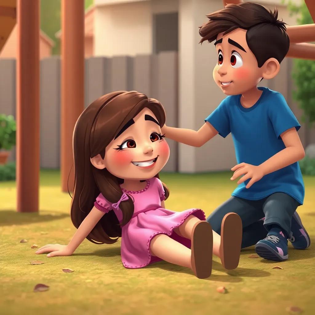 Hoor, a young Arab girl, with long brown hair in a pink dress, on the ground after falling from the slide, with a smile despite her minor pain, Ahmed, a young Arab boy in a blue t-shirt, looking concerned and reaching out to help her, heartwarming scene, soft lighting, detailed, friendly neighborhood setting, high quality.