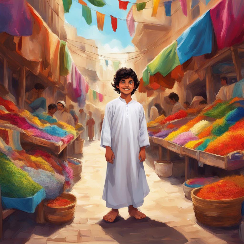 A young Arab boy named Ali with dark hair wearing a white thobe, standing in a vibrant market filled with colorful fabrics, lively atmosphere, cheerful and bright colors, child-friendly, high quality