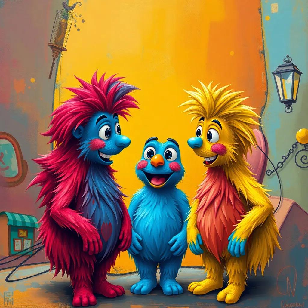 A colorful palette with vibrant colors including red, blue, and yellow, happy anthropomorphic colors chatting and discussing their adventure, digital art, bright and cheerful, lively atmosphere, playful perspective, high quality
