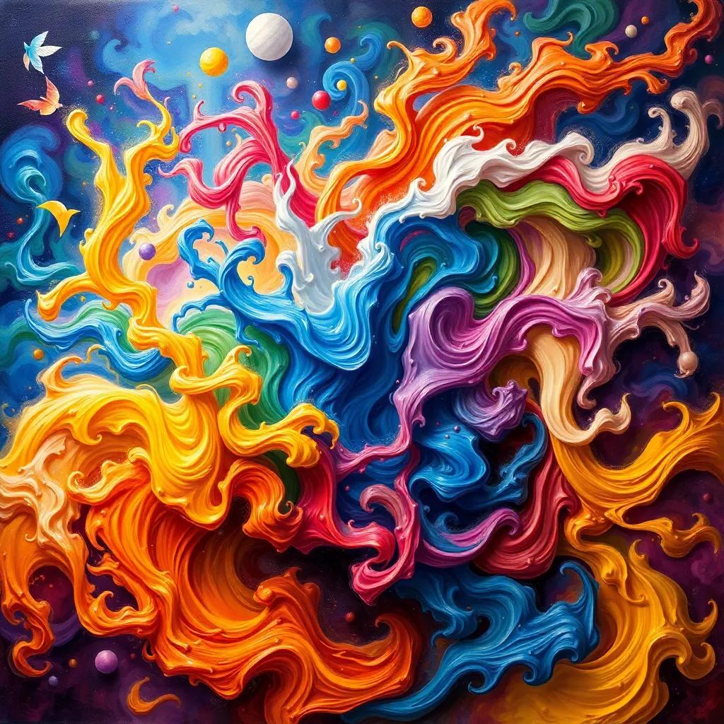 A variety of colors mixing together, creating new colors in a magical art world, depicting the colors joyfully swirling together, bright and colorful, imaginative scene, fantasy art, detailed and engaging