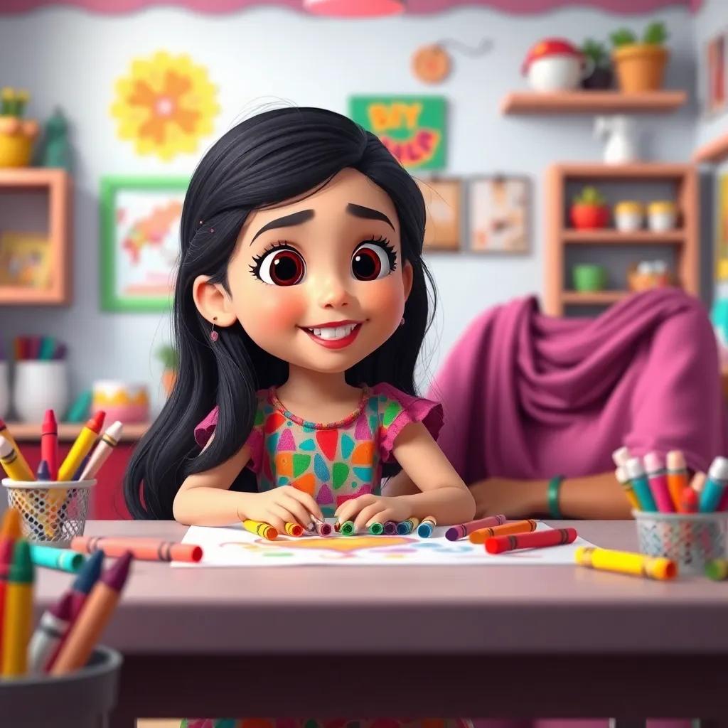 A young Arab girl, Rana, with long dark hair, wearing a colorful dress, sitting at a table with her 10 bright colored crayons and her mother smiling, in a cheerful room, colorful art supplies around, digital art, vibrant colors, inviting atmosphere, high quality