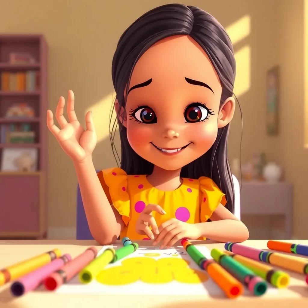 Rana, a young Arab girl, with long dark hair, wearing a bright dress, counting her crayons, sitting at a table with colorful crayons spread out, joyful expression, focused on her artwork, sunny room, illustration, child-friendly, warm colors, playful perspective, high resolution