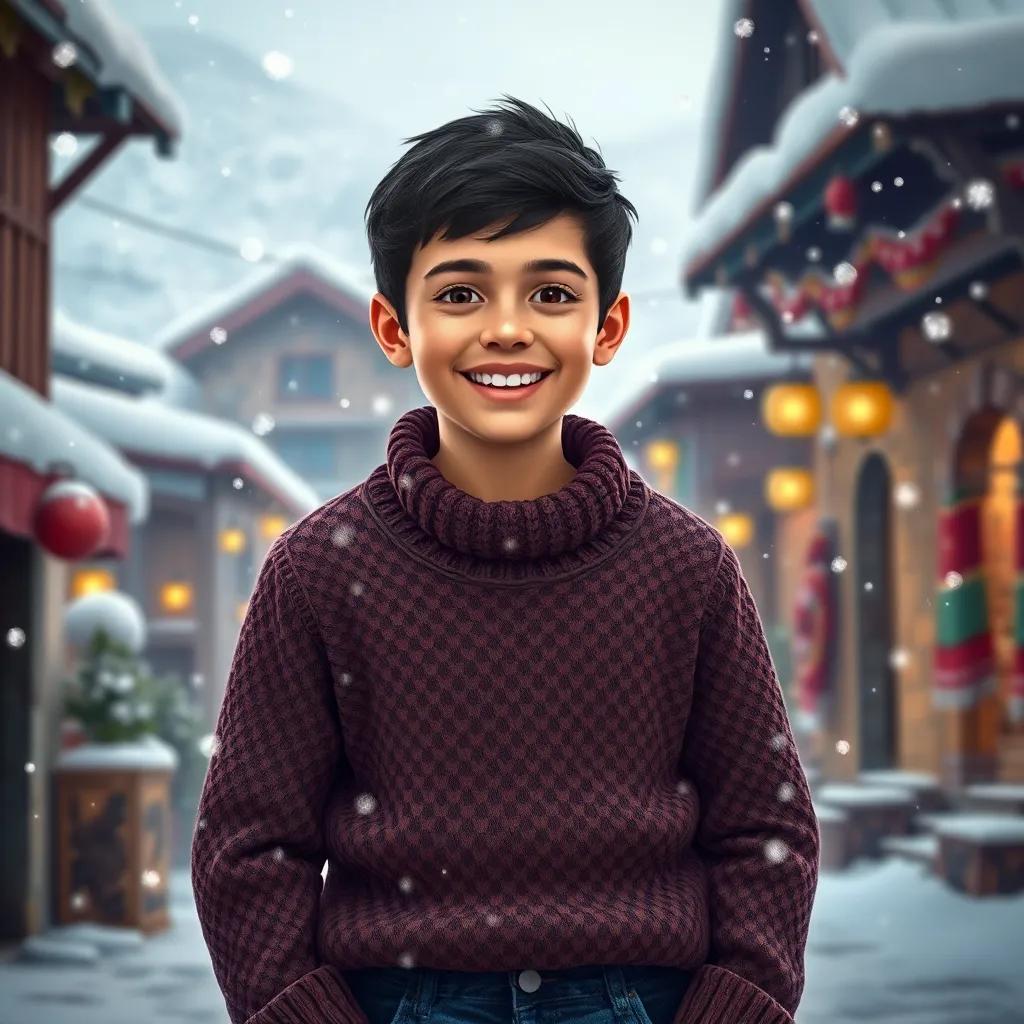 A young Arab boy, Sami, with short dark hair, wearing a warm sweater and jeans, standing in a cold village with snowflakes falling, cheerful atmosphere, snowy landscape, digital painting, colorful, joyful feeling, high quality