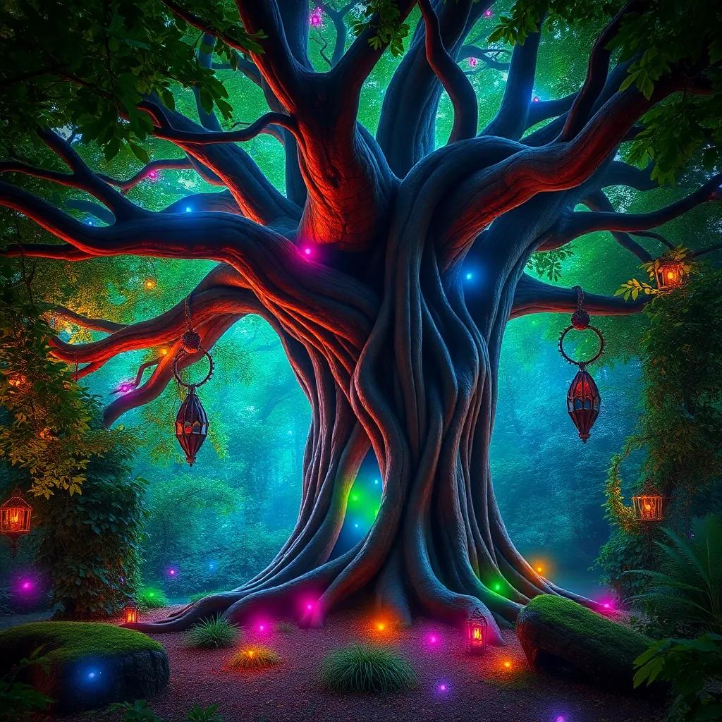 A large magical tree with intertwining branches, and a secret opening seen inside, surrounded by vibrant green foliage and colorful magical colors glowing from inside, enchanting scene, bright and mystical ambiance, artistic style, high quality