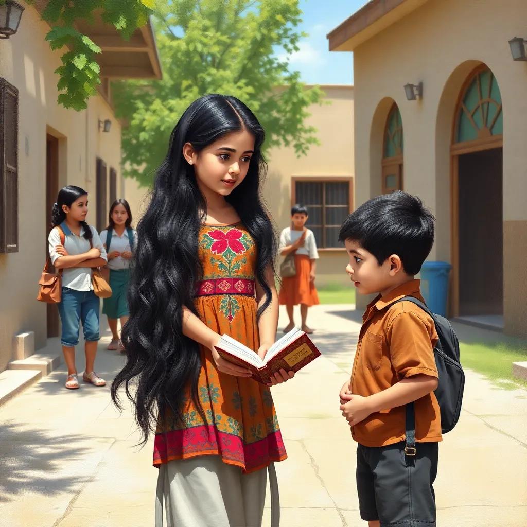 A young Arab girl, Noura, with long, dark hair, wearing a colorful dress, and a young boy, Ahmed, in a school yard, asking peers about a book, sunny day, friendly environment, engaging scene, high quality