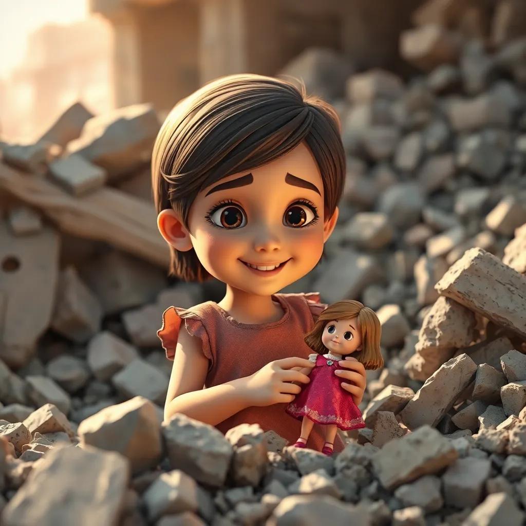 Amal, a young Arab girl with short brown hair in a simple dress, discovering a shiny doll among the rubble, her face lighting up with joy and hope, vibrant colors, soft light, child-friendly atmosphere, storytelling angle, high quality