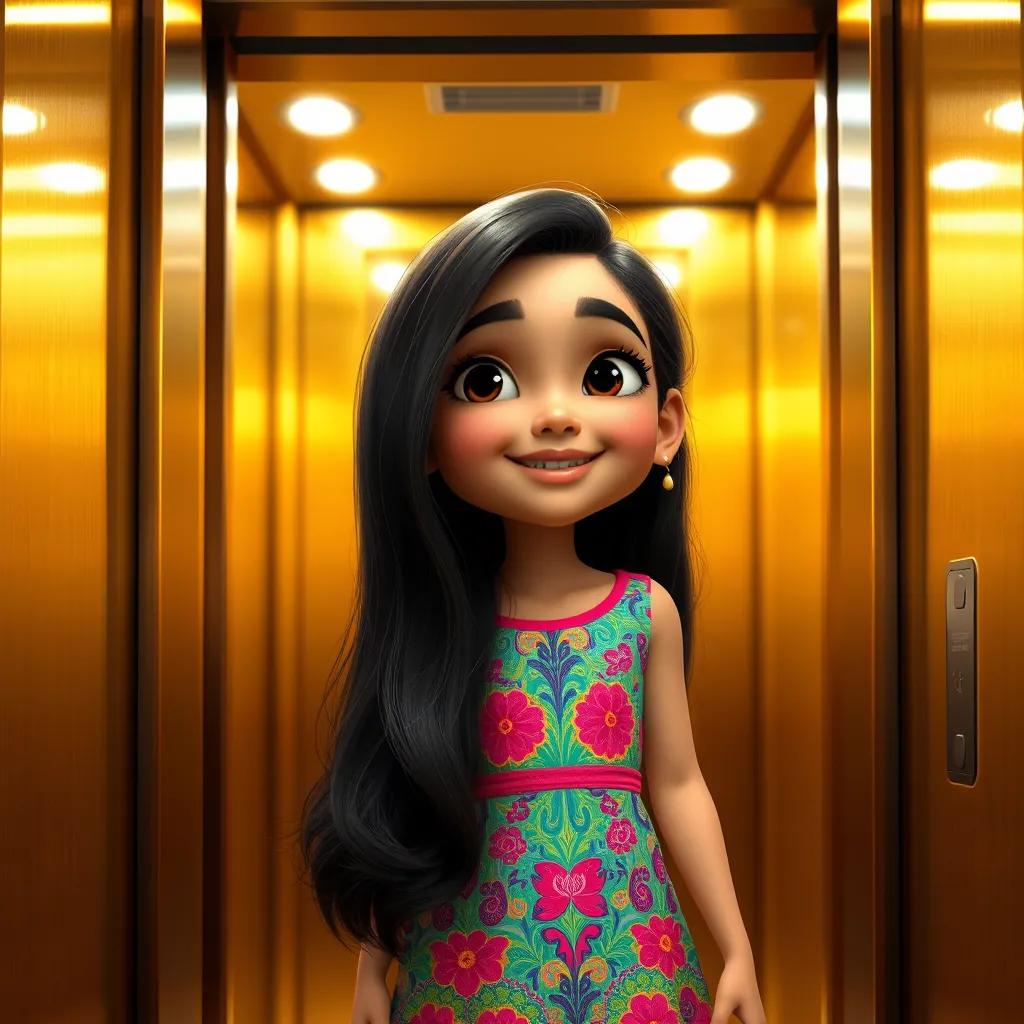 A young Arab girl, Amal, with long, dark hair, wearing a colorful dress, entering a golden elevator with excitement, bright light, vibrant colors, cheerful atmosphere, high quality