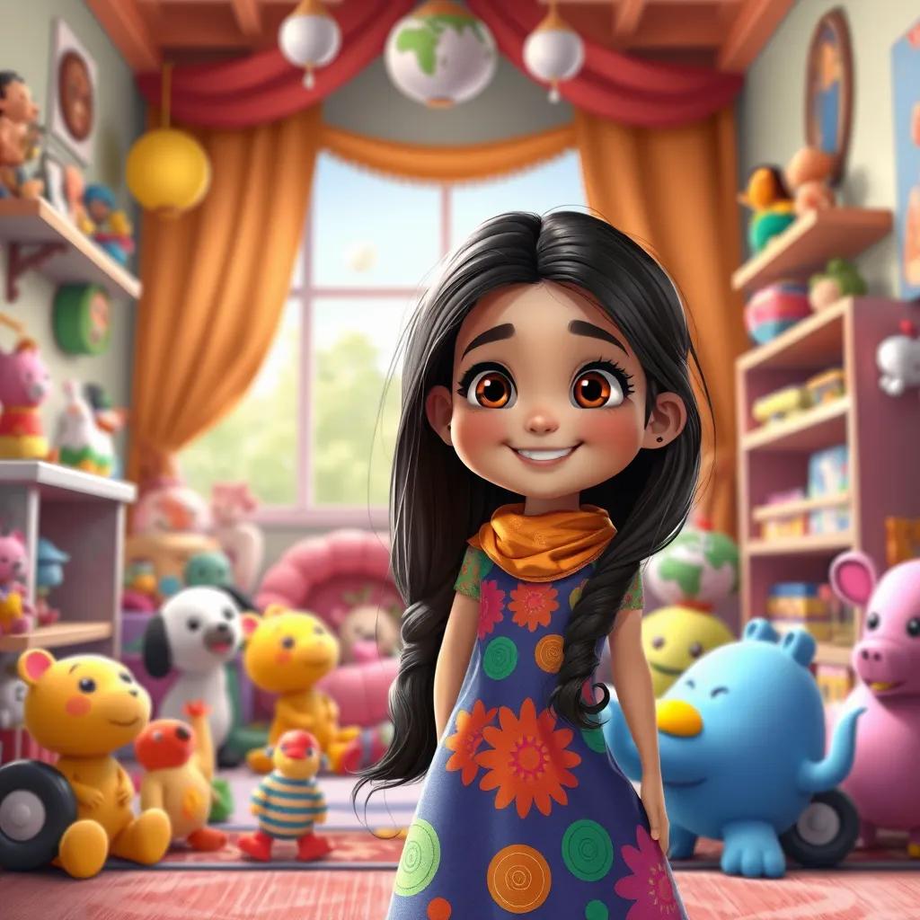 A young Arab girl, Amal, with long, dark hair, wearing a colorful dress, in a room filled with toys and friends, smiling, vibrant colors, joyful scene, detailed illustration, high quality