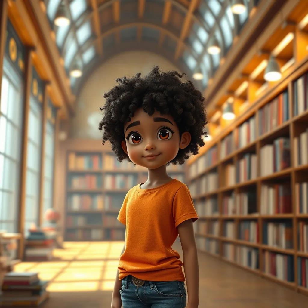 A young Arab girl, Amani, with curly hair, wearing a bright t-shirt and jeans, in a large library with many books, focused look, warm light, cozy atmosphere, high quality