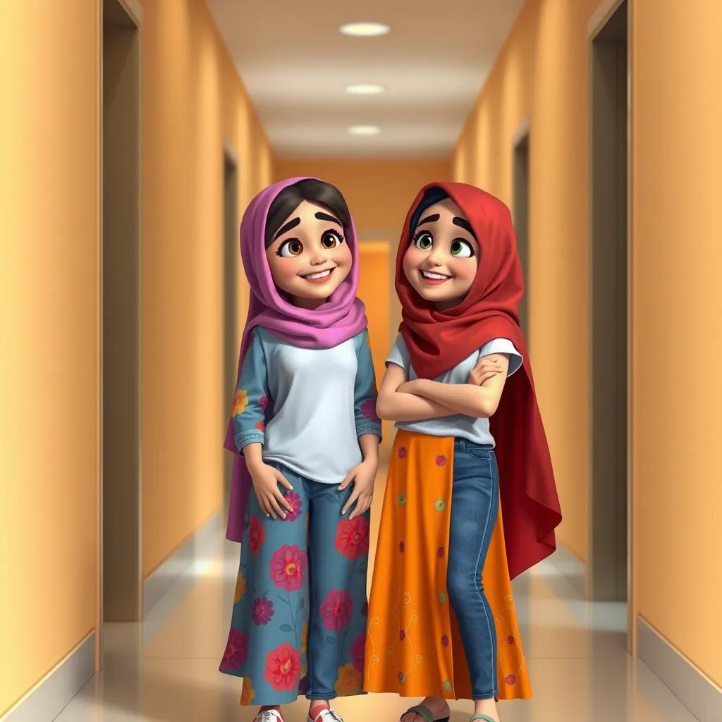 Two young Arab girls, Amal and Amani, with Amal in a colorful dress and Amani in a t-shirt and jeans, talking and laughing in a hallway between floors, vibrant colors, friendly atmosphere, high quality