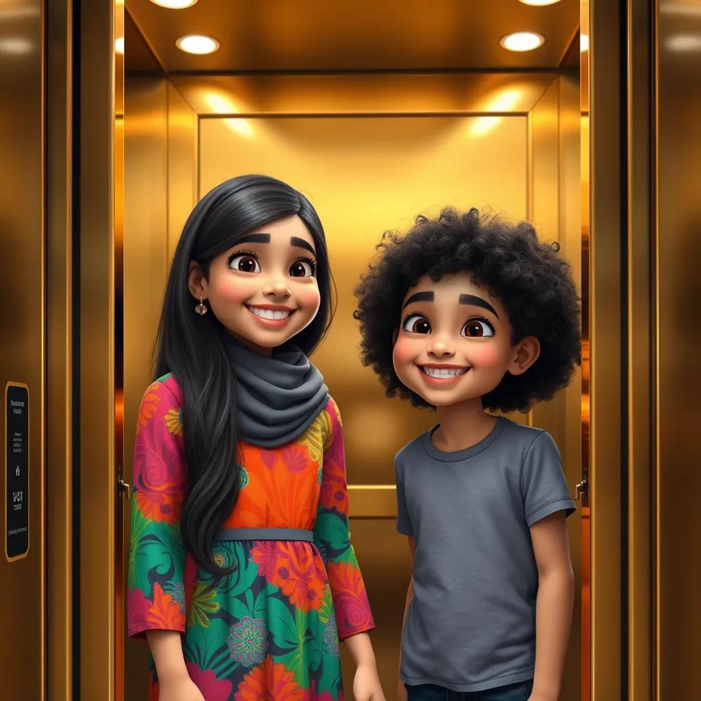 A young Arab girl, Amal, with long, dark hair, wearing a colorful dress, and a young Arab girl, Amani, with curly hair in a t-shirt, in the golden elevator together, smiling brightly, vibrant colors, joyful mood, high quality