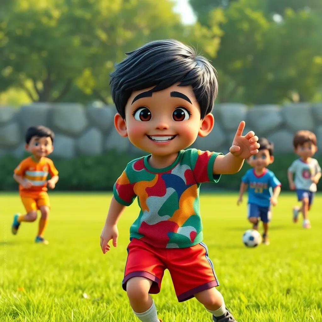 A brave young boy, Sami, with short dark hair, wearing a colorful t-shirt and shorts, practicing soccer in a green field with friends, digital art, vibrant colors, joyful atmosphere, high quality