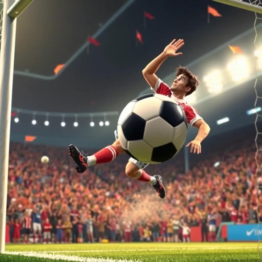 A soccer ball flying into the goal with Sami scoring, spectators cheering in the background, excitement and support in the air, digital artwork, dynamic, action-packed