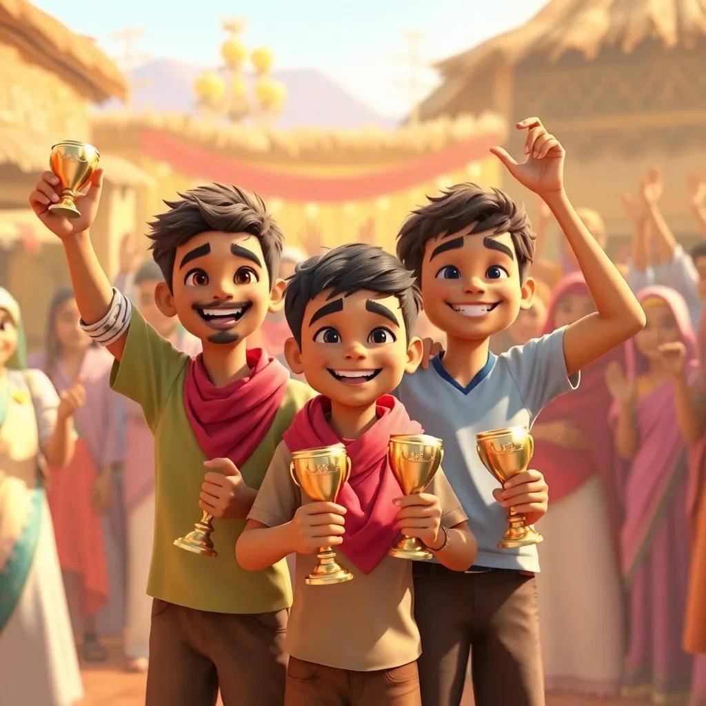 Sami and his friends, celebrating their victory with trophies in hand, smiles on their faces, surrounded by their village community cheering for them, warm light, joyous mood, vibrant colors, heartwarming