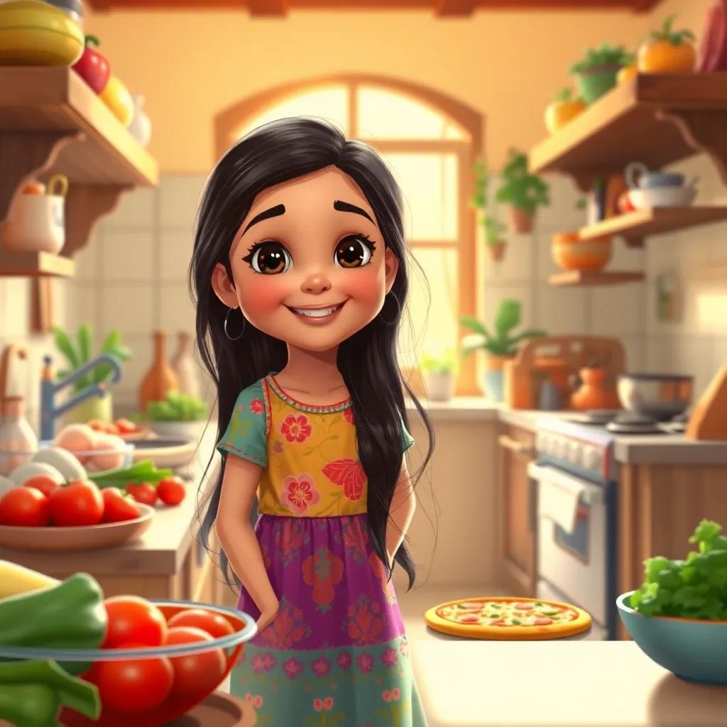 A young Arabic girl, Amal, with long dark hair, wearing a colorful dress, in a sunny kitchen filled with ingredients for pizza, smiling and helping her grandmother, digital art, warm colors, cheerful atmosphere, high quality