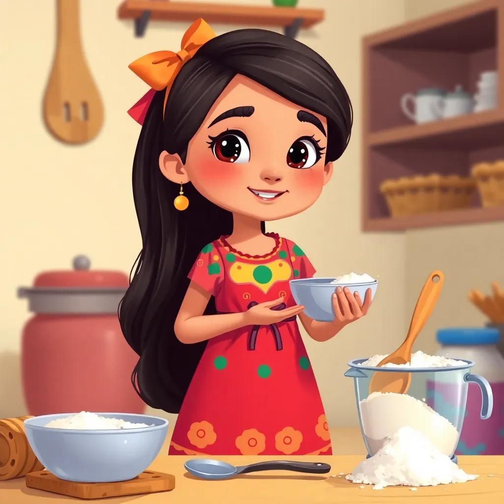 Amal, a young Arabic girl with long dark hair in a colorful dress, gathering kitchen tools like a mixing bowl, spoon, and flour for making pizza, illustration, vibrant, playful theme, child-friendly