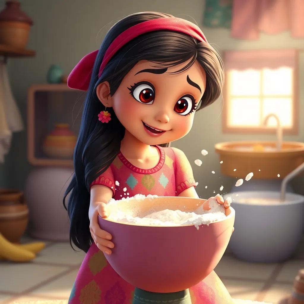 Amal, a young Arabic girl with long dark hair in a colorful dress, mixing flour and water in a big bowl with her hands, her expression excited and messy, digital art, bright colors, warm light, whimsical