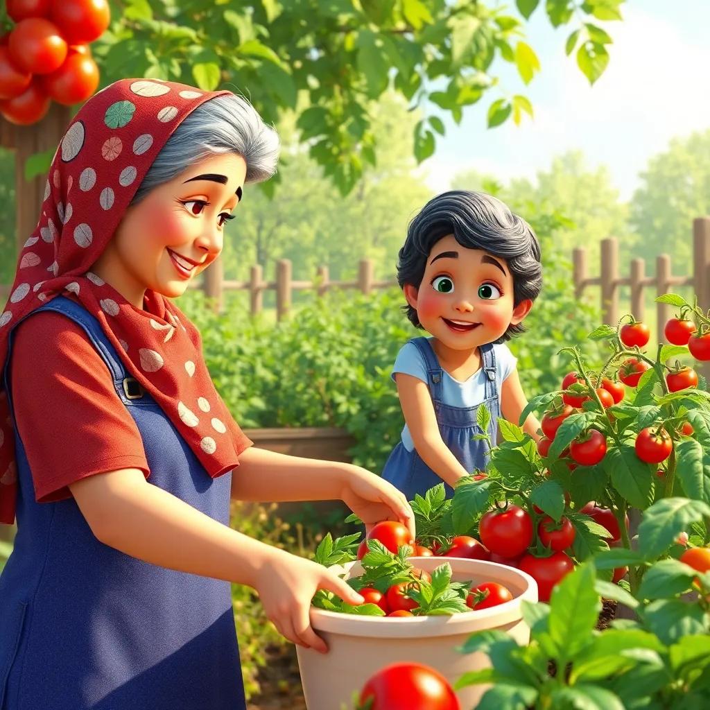 Amal and her grandmother, working in the garden, picking fresh vegetables like tomatoes and peppers for the pizza sauce, cheerful, bright day, lively atmosphere, high quality