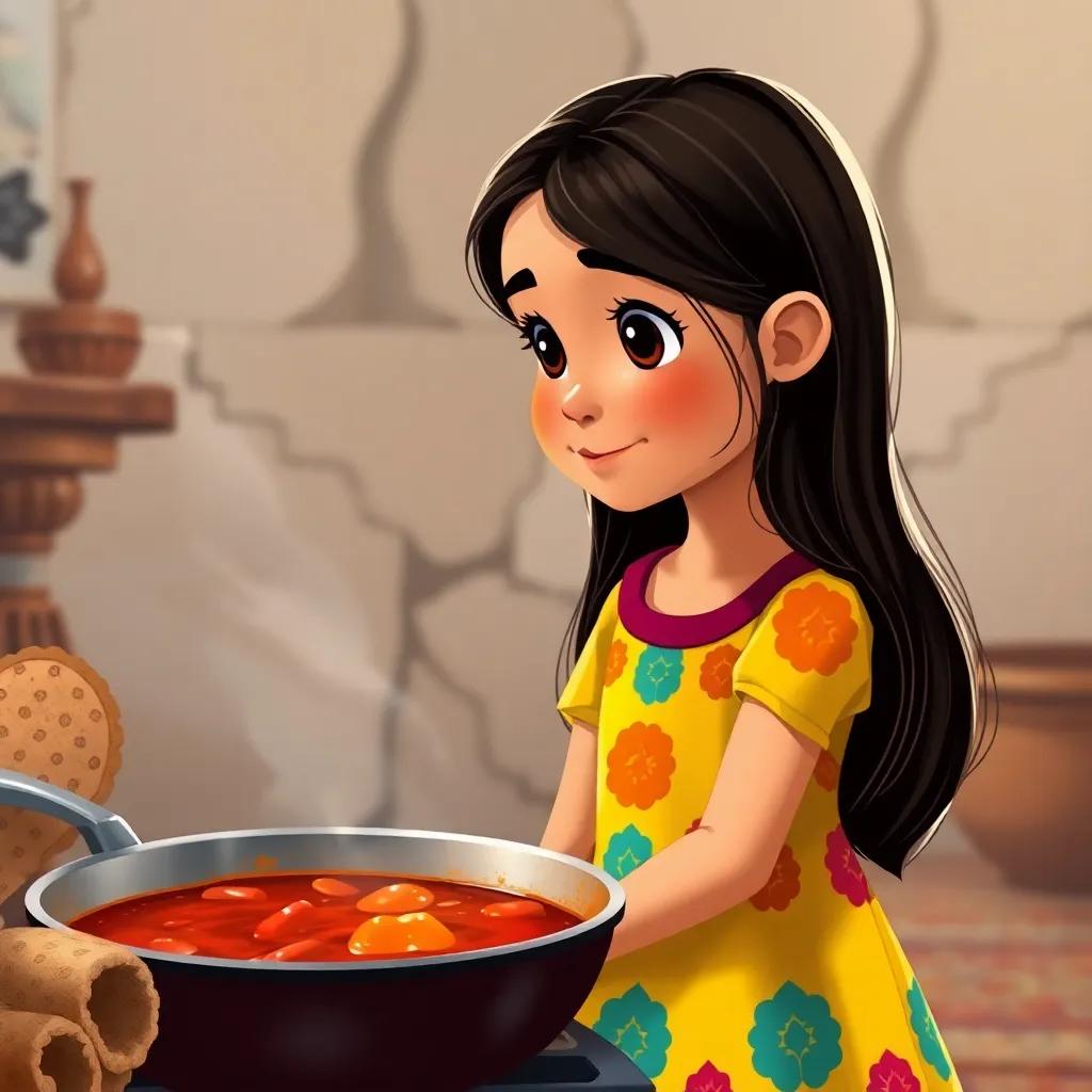 Amal, a young Arabic girl with long dark hair in a colorful dress, watching her grandmother cook sauce in a pan, the smell in the air, child-friendly, warm colors, inviting scene