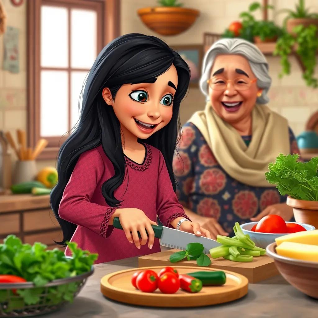 Amal, a young Arabic girl with long dark hair, cutting vegetables with her grandmother, laughter shared in their kitchen, colorful atmosphere, artistry, child mindfulness