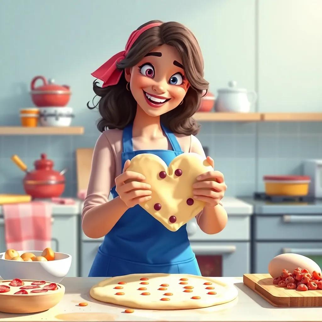 Amal, shaping pizza dough into a heart shape, in a fun and creative kitchen setting, bright and joyful, digital painting, happy vibe