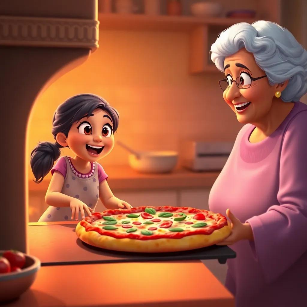 A fresh pizza going into the oven, with Amal looking excited and her grandmother smiling, vibrant kitchen setting, warm golden glow