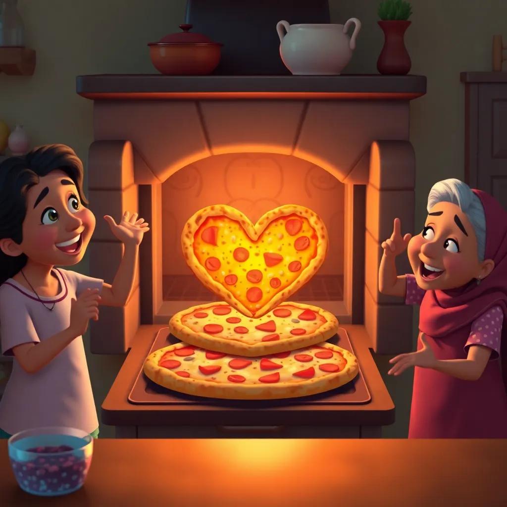 A delicious heart-shaped pizza coming out of the oven, with Amal and her grandmother cheering, warm lighting, cozy kitchen, inviting scene