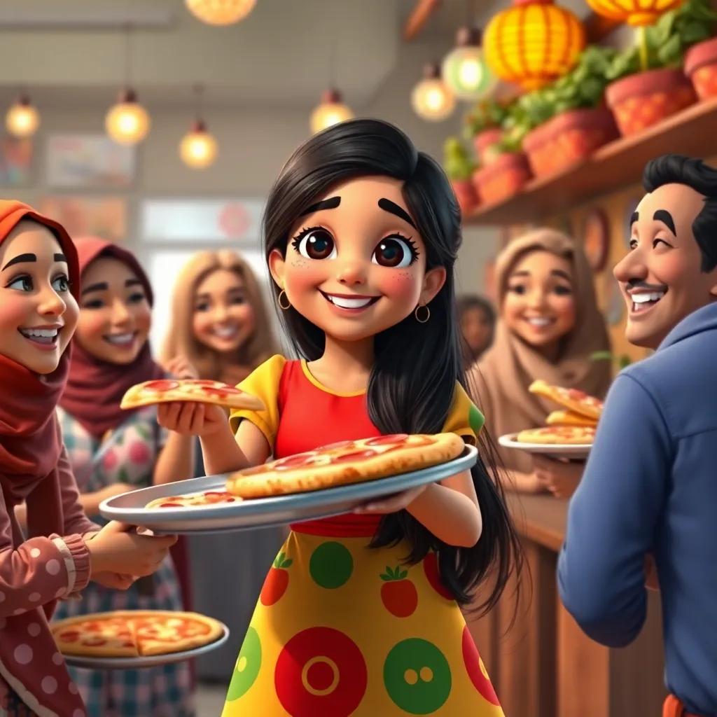Amal, a young Arabic girl with long dark hair in a colorful dress, serving pizza to her friends, all smiling with joy, fun atmosphere, colorful and happy
