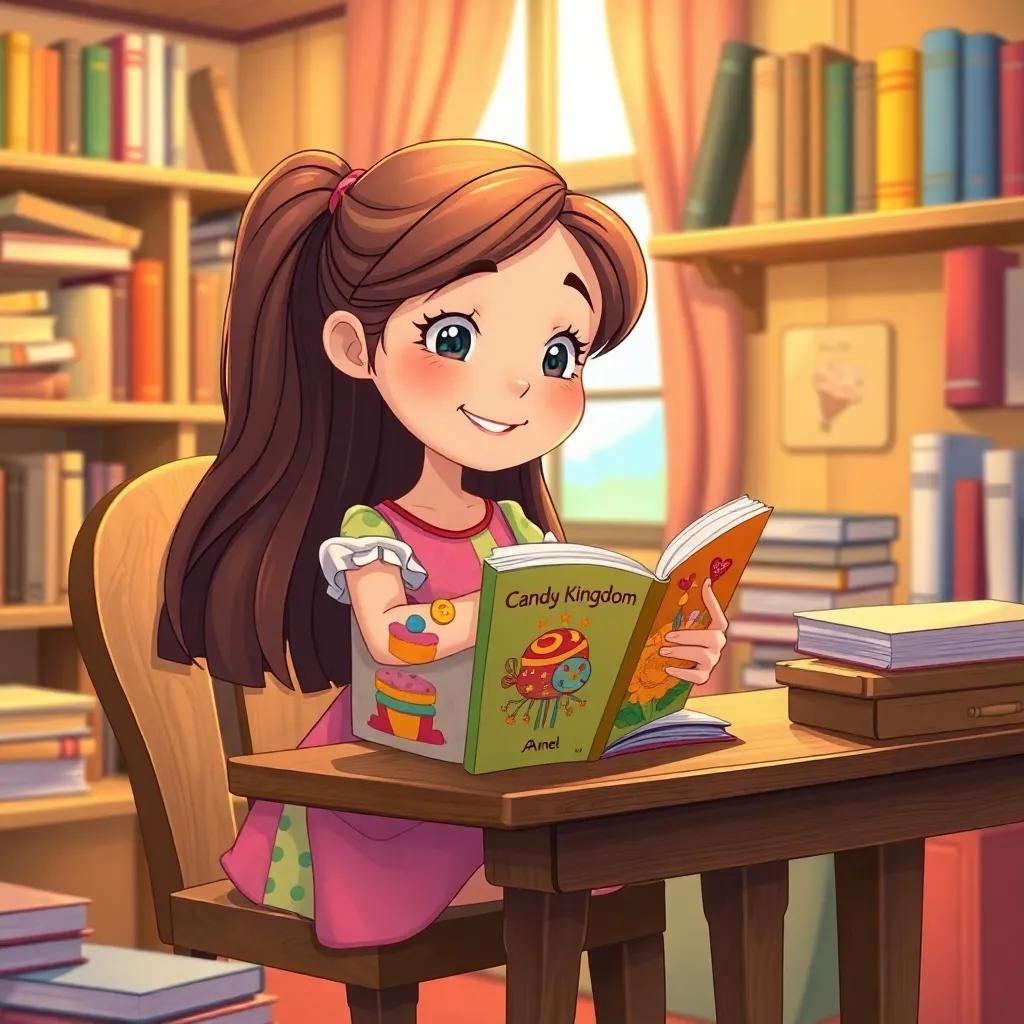 A kind girl, Amel, with long brown hair, wearing a colorful dress, sitting at a wooden desk with a book about a candy kingdom; the room is cozy and filled with books, warm light, cheerful atmosphere, high quality