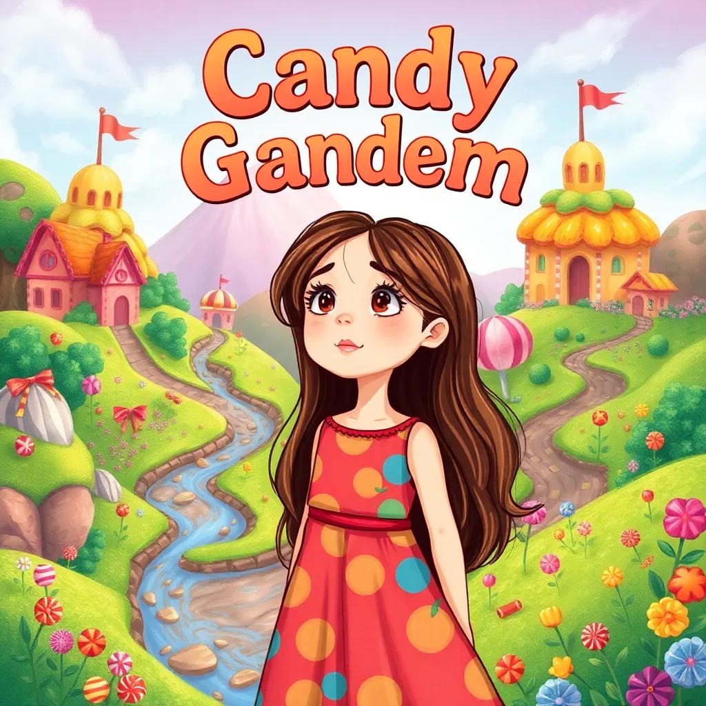 A whimsical candy kingdom with lush hills made of candy and a chocolate river; Amel, a kind girl with long brown hair in a colorful dress, gazing with wonder; vibrant colors, magical, dreamlike quality, high quality