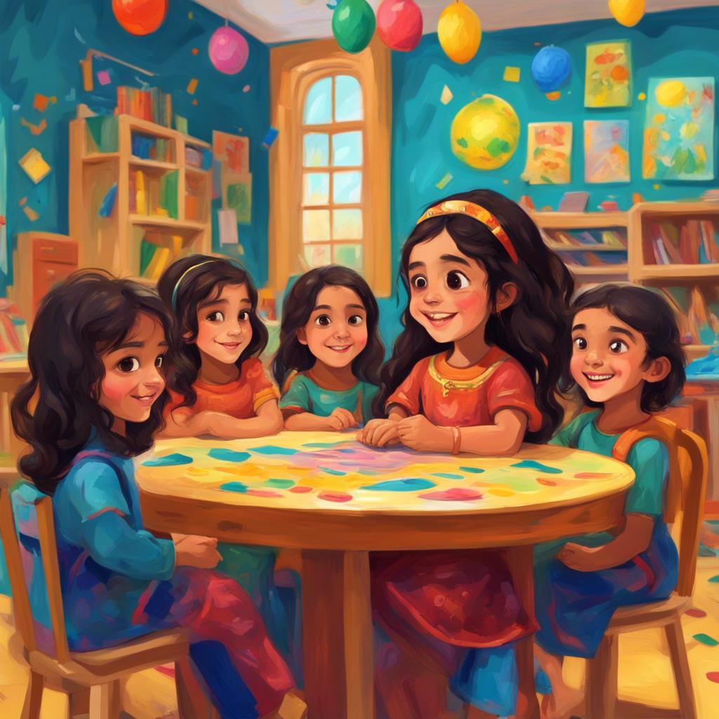 A young Arab girl, أمنة, with long, dark hair, wearing a colorful dress, sitting at a round table with other children in a bright kindergarten classroom, happy atmosphere, colorful decorations, digital art, vibrant colors, joyful expression