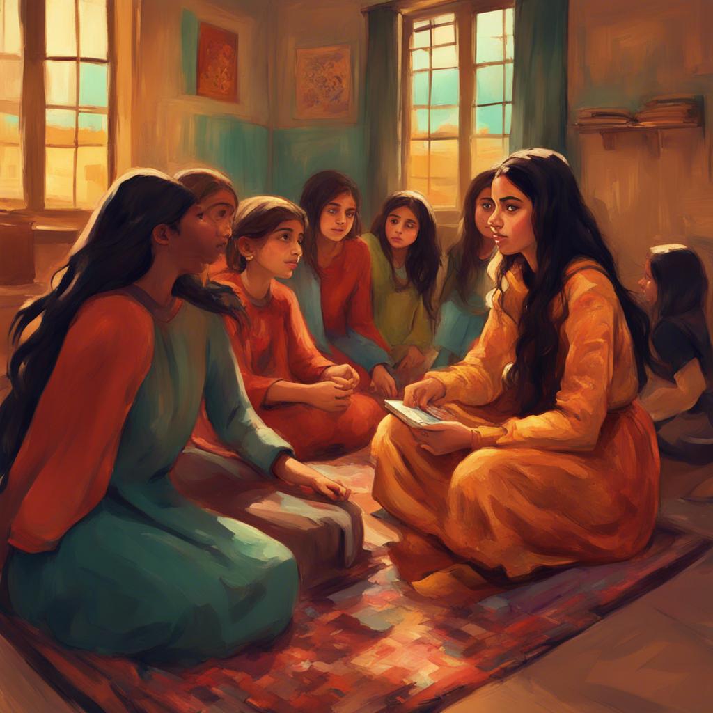 أمنة, a young Arab girl with long, dark hair in a colorful dress, sitting with friends listening to المعلمة بشرى, who is telling a story, in a cozy classroom, digital art, warm colors, engaging atmosphere, focused expressions