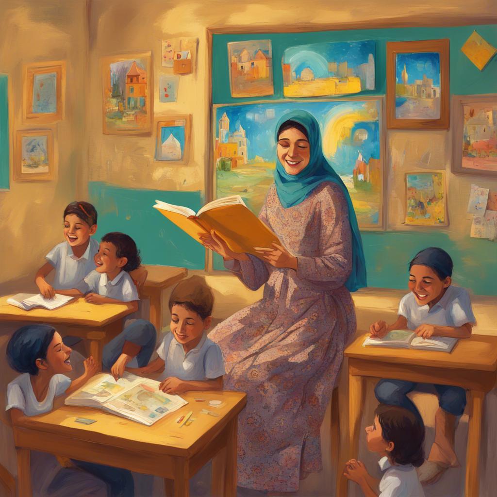 المعلمة بشرى, a kind Arab woman in her thirties, wearing a modest dress, enthusiastically reading a story to the kids in the classroom, surrounded by bright illustrations and children's drawings, detailed illustration, inviting light, cheerful colors